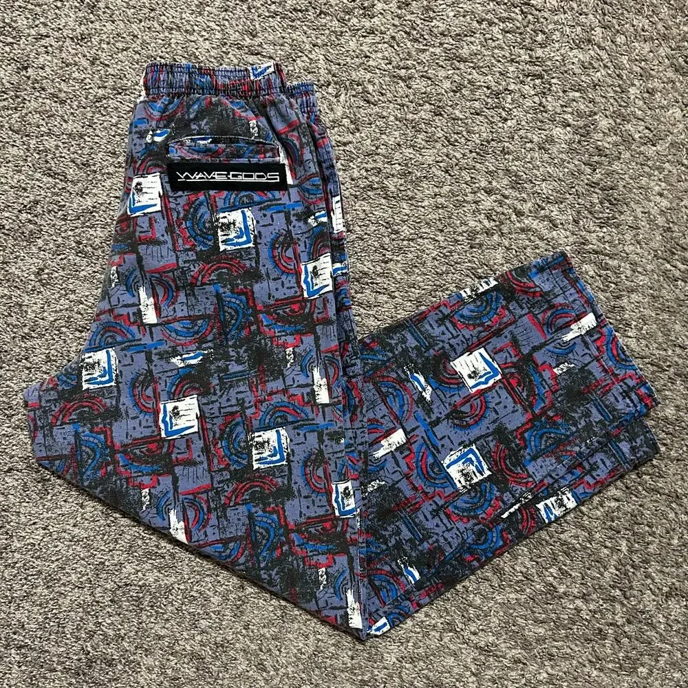 Vintage Wave Gods Pants Surfer Print Colorful Beach Parachute Jogger 80s 30-32